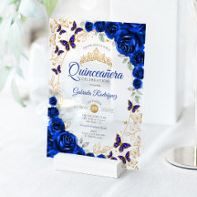 Royal Blue Gold Floral Quinceanera