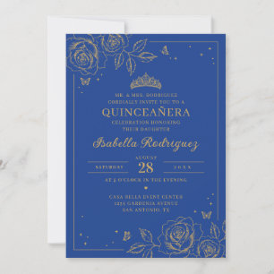 Royal Blue Gold Floral Quinceañera Invitation
