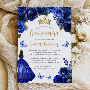 Royal Blue Gold Floral Quinceañera Invitation