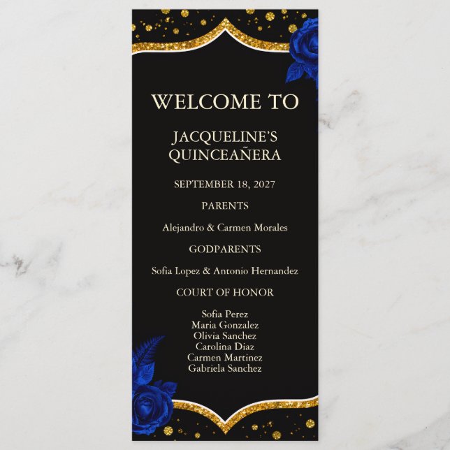 Royal Blue Gold Floral Quinceanera Program (Front)
