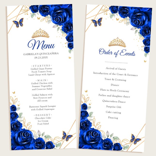 Royal Blue Gold Floral Quinceanera Program Menu (Creator Uploaded)
