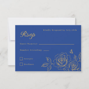 Royal Blue & Gold Floral Quinceañera RSVP Card