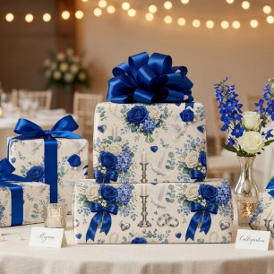 Royal Blue Gold Floral Wedding Gift Wrap with Dove