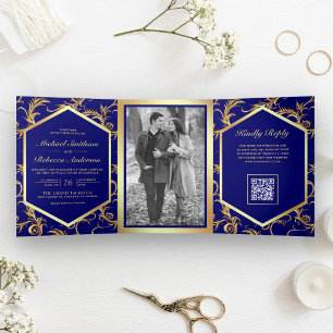 Royal Blue Gold Flourish Photo QR Code Wedding Tri-Fold Invitation