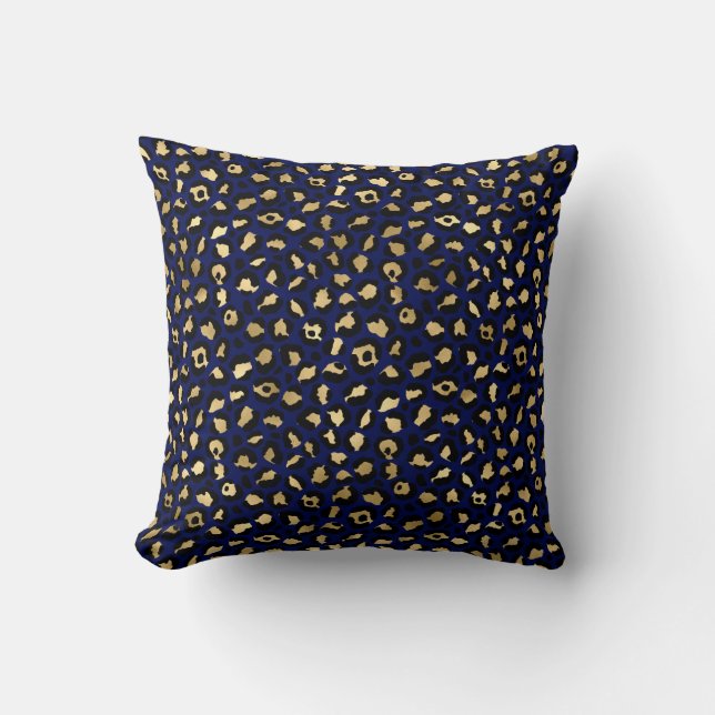 Royal Blue & Gold Glam Leopard Spots Print Throw Pillow (Front)