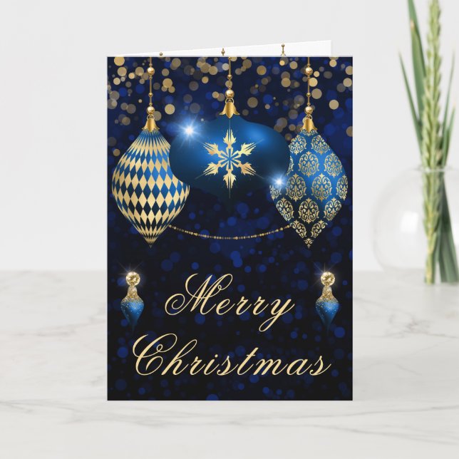 Royal Blue & Gold Glitter  Baubles Christmas Holiday Card (Front)