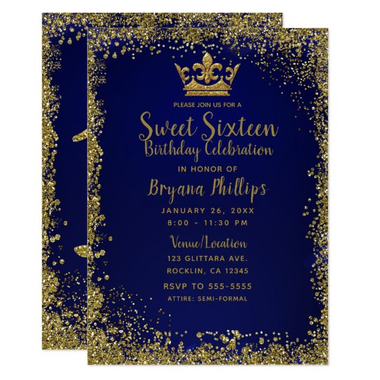 Royal Blue Gold Glitter Crown Sweet 16 Party Invitation Zazzle Ca