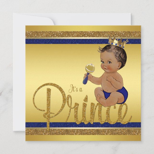 Royal Blue Gold Glitter Ethnic Prince Baby Shower Invitation (Front)