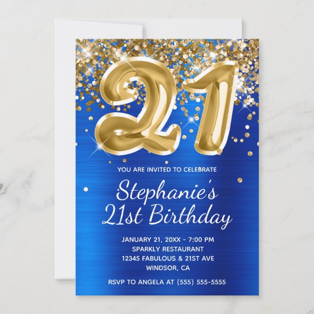 Royal Blue Gold Glitter Foil Balloon 21st Birthday Invitation (Front)