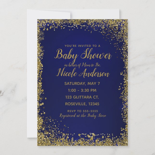Royal Blue & Gold Glitter Glam Modern Baby Shower Invitation (Front)