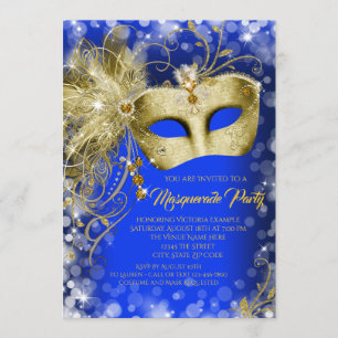 Royal Blue Gold Glitter Masquerade Party Invitation