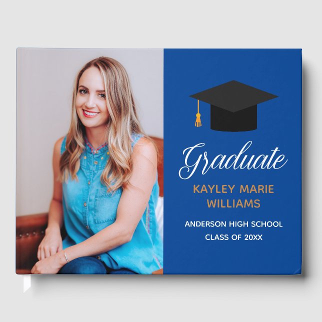 Royal Blue Gold Graduation Photo 2025 Autograph Guest Book (Front)