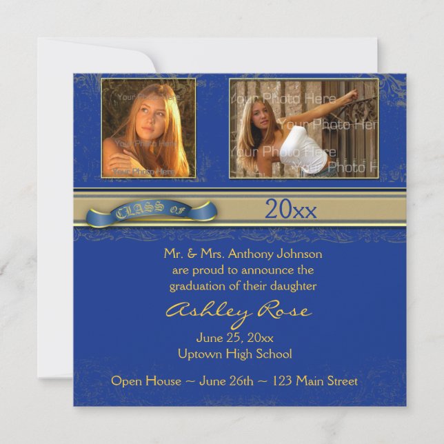 Royal Blue Gold Graduation Photo Card (Front)