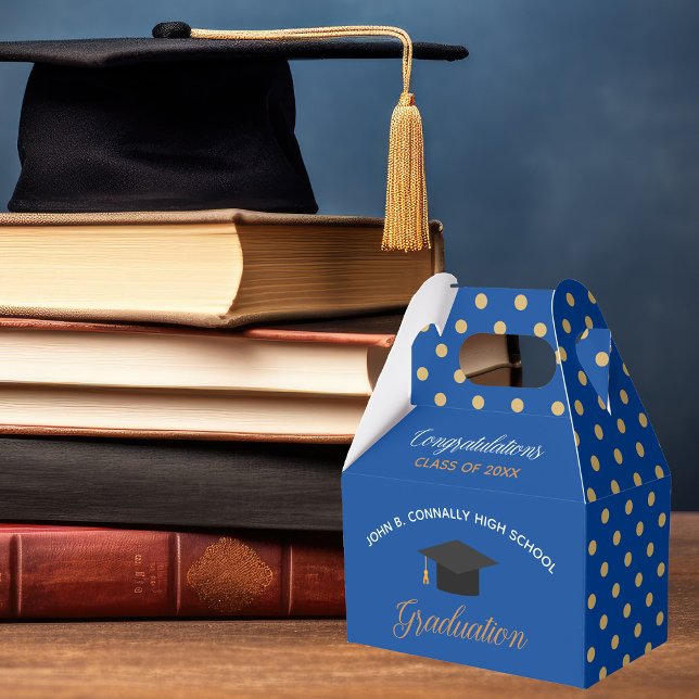 Royal Blue Gold Graduation Polka Dot Custom Party Favor Box (Creator Uploaded)