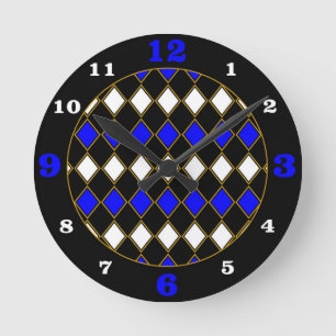 Royal Blue & Gold Harlequin Round Clock