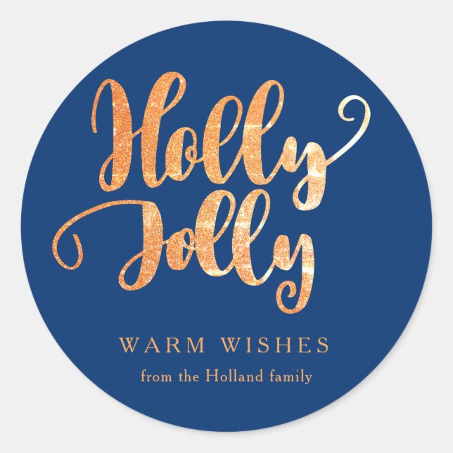 Royal Blue Gold Holly Jolly Holiday Classic Round Sticker (Front)
