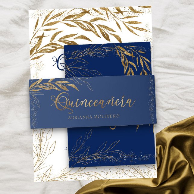 Royal Blue Gold Leaf and Confetti Quinceanera Invitation Belly Band (Royal Blue Quinceanera invitation belly band from my Gold Leaf Quinceanera Collection)