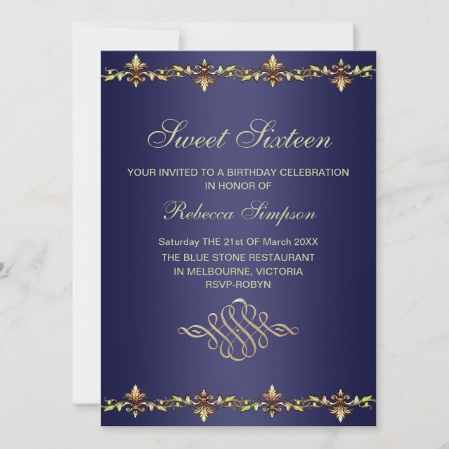 Royal Blue & Gold Leaf Birthday Invitation (Front)