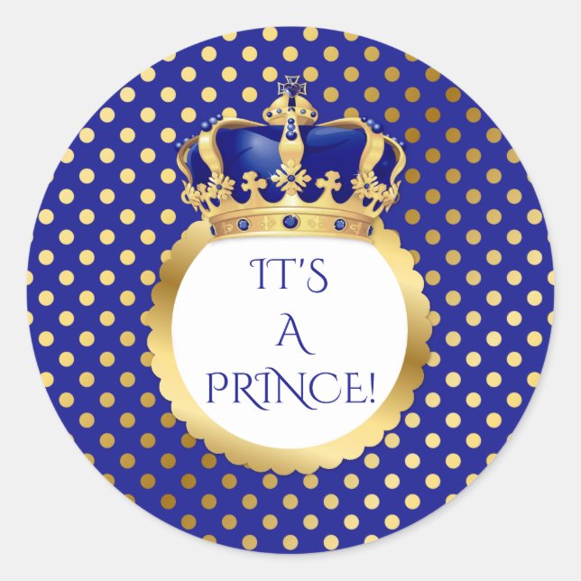 Royal Blue & Gold Little Prince Crown Classic Round Sticker (Front)