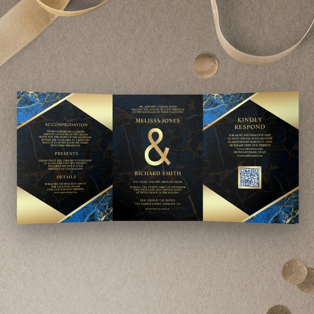 Royal Blue Gold Marble Ampersand QR Code Wedding Tri-Fold Invitation (Creator Uploaded)