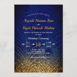Royal Blue & Gold Peacock Feather Indian Wedding Invitation