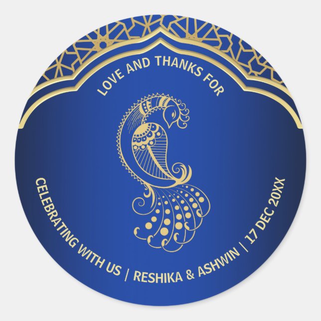 Royal blue gold peacock Indian Arabian design Gift Classic Round Sticker (Front)