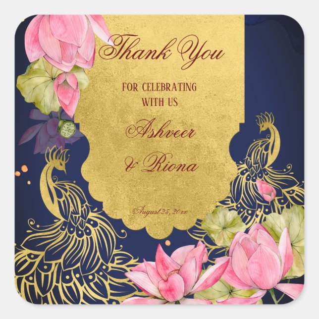 Royal blue gold peacock lotus Indian wedding Square Sticker (Front)
