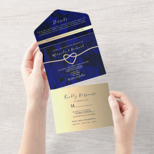 Royal Blue Gold Photo Wedding All In One Invitation