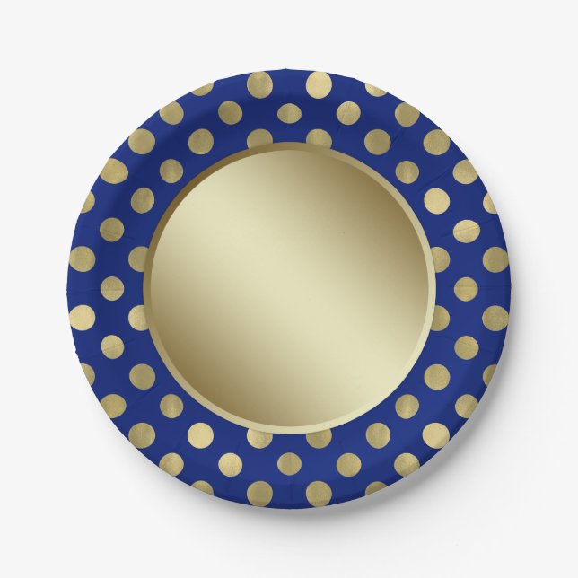 Royal Blue Gold Polka Dot Birthday Party Paper Plate (Front)