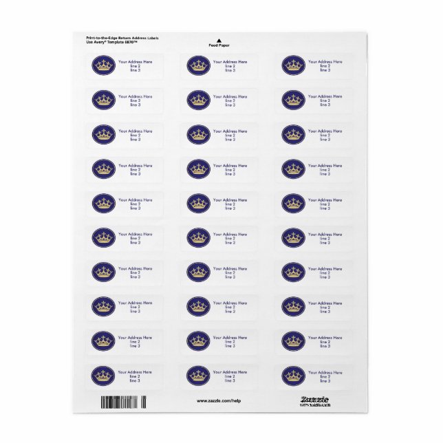 Royal Blue Gold Prince Address Labels (Full Sheet)