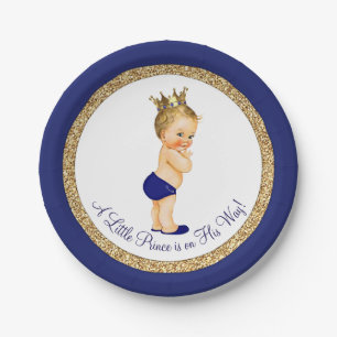 Royal Blue Gold Prince Baby Shower Paper Plate