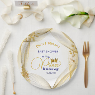 Royal Blue Gold Prince Baby Shower Paper Plate