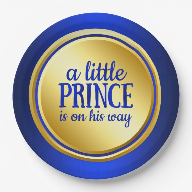 Royal Blue Gold Prince Baby Shower Paper Plates (Front)