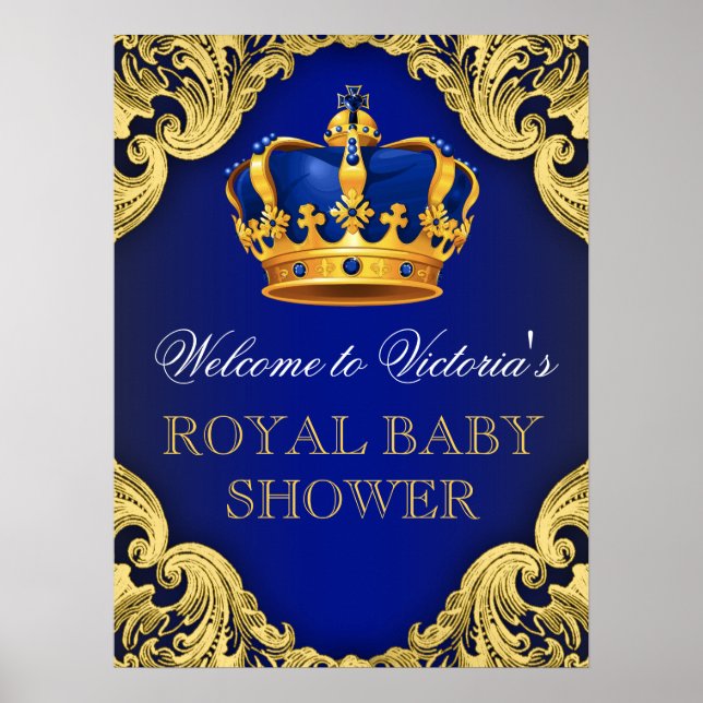 Royal Blue Gold Prince Baby Shower Sign (Front)
