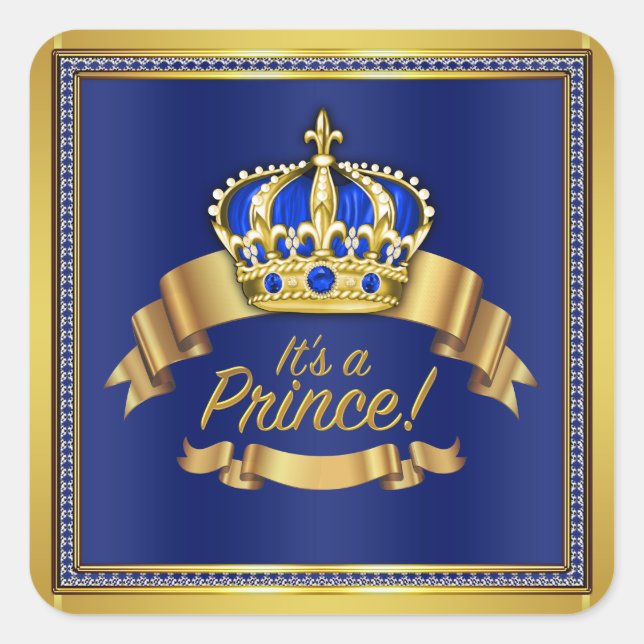 Royal Blue Gold Prince Baby Shower Square Sticker (Front)