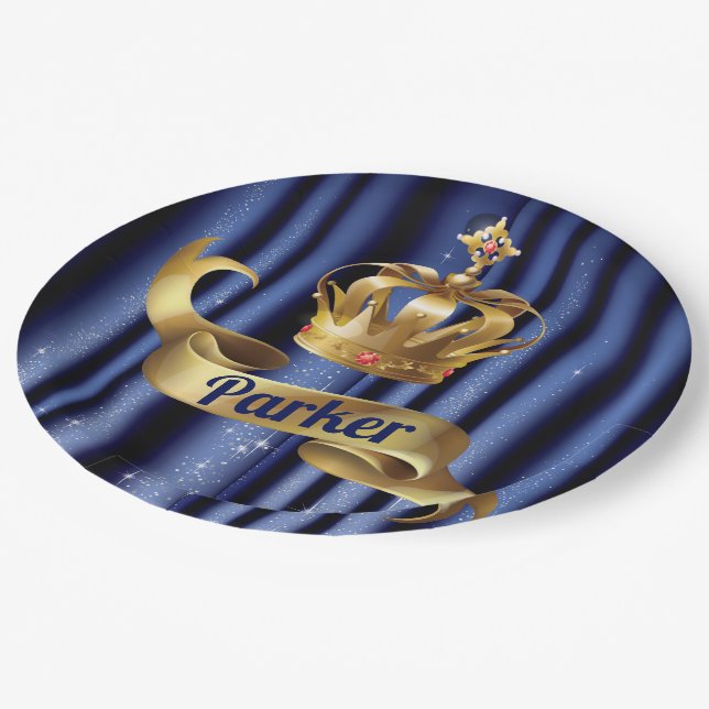 Royal Blue Gold Prince Birthday Paper Plate (Angled)