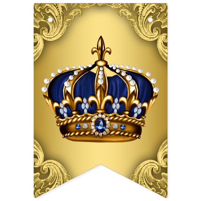 Royal Blue Gold Prince Crown Baby Shower Bunting Flags (First Flag)