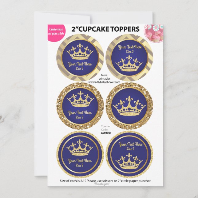 Royal Blue Gold Prince, King Cupcake Toppers (Front)