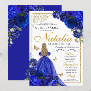 Royal Blue Gold Princess & Butterflies Quinceañera Invitation