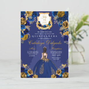 Royal Blue & Gold Princess Castle Quinceañera Invitation