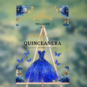 Royal Blue Gold Princess Quinceañera Welcome Acrylic Sign
