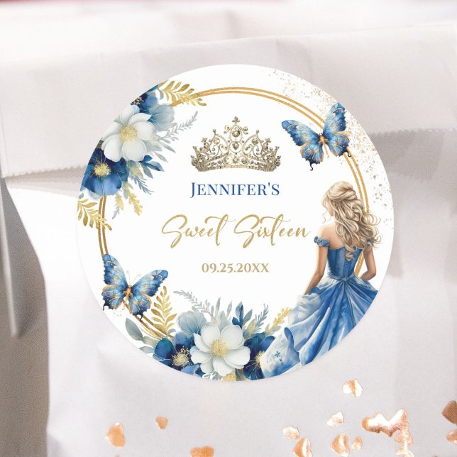 Royal Blue Gold Princess Tiara Floral Sweet 16 Classic Round Sticker (Creator Uploaded)