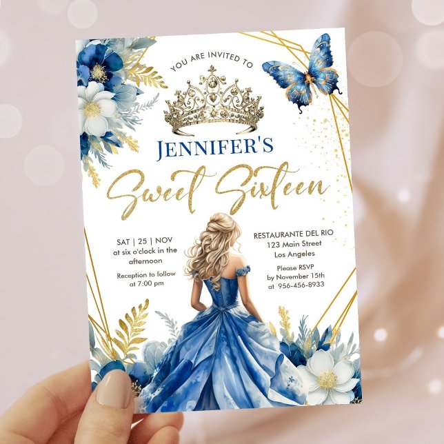 Royal Blue Gold Princess Tiara Floral Sweet 16 Invitation (Creator Uploaded)