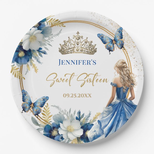Royal Blue Gold Princess Tiara Floral Sweet 16 Paper Plate (Front)