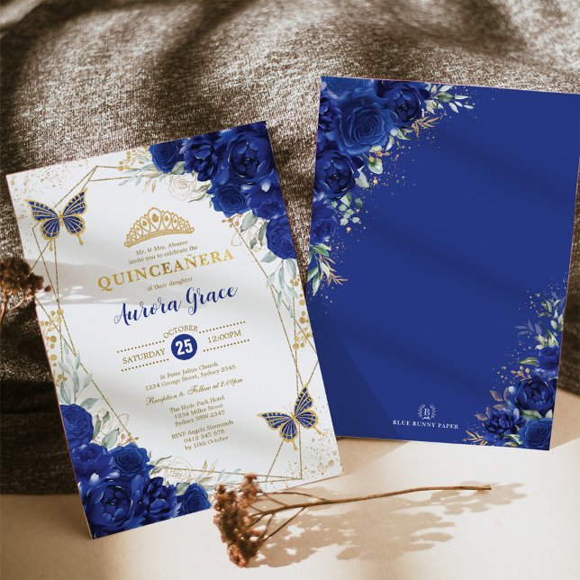 Royal Blue Gold Quinceañera Butterfly Geometric Invitation (Creator Uploaded)