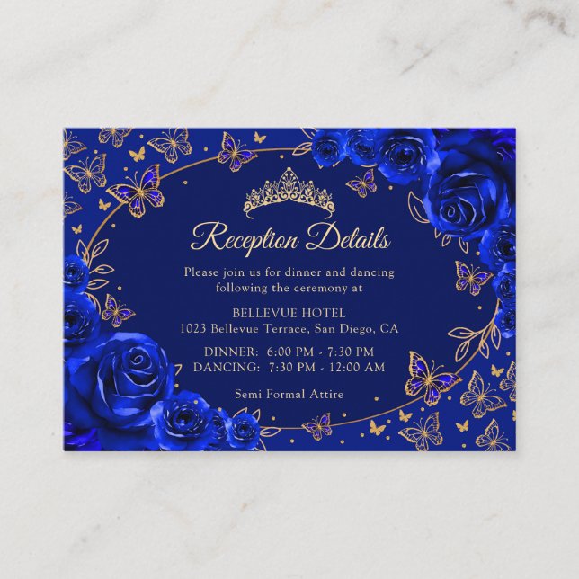 Royal Blue Gold Quinceanera Reception Details Enclosure Card (Front)