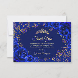 Royal Blue Gold Quinceanera Thank You Card