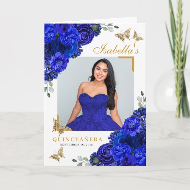 Royal Blue & Gold Quinceanera Tiara Butterflies Program (Front)