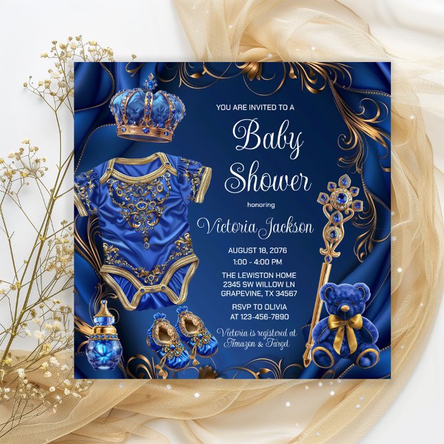 Royal Blue Gold Regal Prince Baby Shower Invitation (Adorable baby prince things on an elegant royal blue and gold background. Fit for a Prince!)