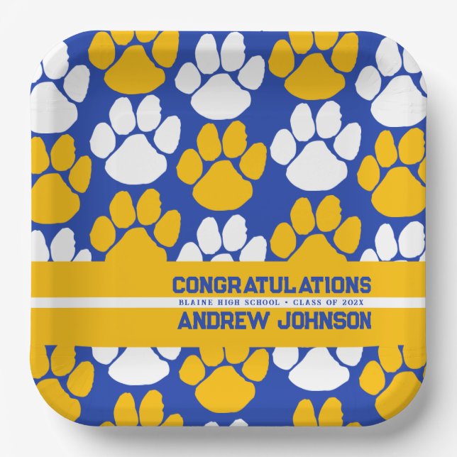 Royal Blue & Gold Repeating Pawprint Personalized Paper Plate (Front)